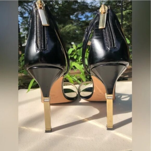Mia Becar Leather Black Gold Heel back zipper High Heels open toe 38.5 US 8.5 - Picture 7 of 13